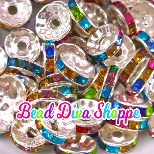 10mm - SET of 50 - MULTI COLOR - Rhinestone Rondelle Crystal Round Loose Spacer Beads