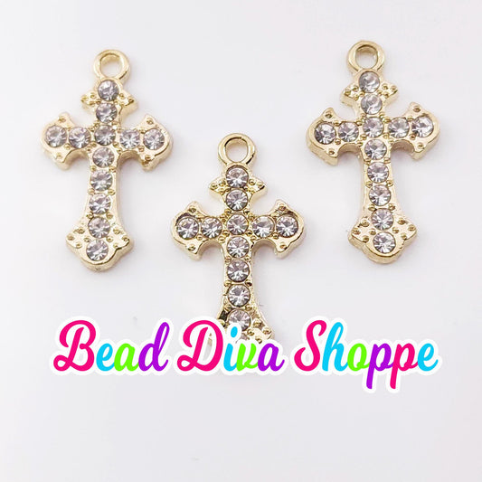 Set of 2 - 24mm x 13mm - GOLD CROSS with RHINESTONES Charms - Beads - Diy - Jewelry - Beaded Pens - Keychains - Bracelets - Cup Charms