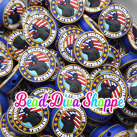 Set of 2 - 26mm - MILITARY VETERAN - Focal  Beads - DIY Jewelry Making - Beaded Pens - Keychains - Bracelets