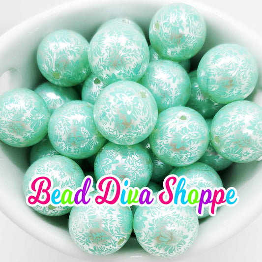 20mm - MINT GREEN DAMASK Print Beads - Bubblegum - Round Acrylic Beads for Diy and Jewelry Making Supplies