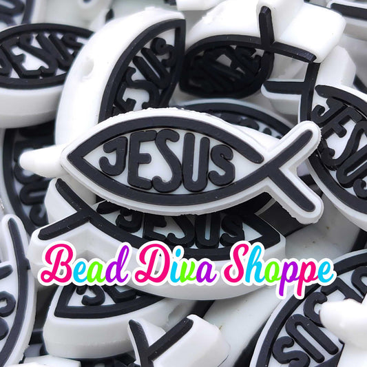 Set of 2 - 11mm x 24mm - JESUS - FISH - RELIGIOUS - Focal Beads - Diy Jewelry Making - Beaded Pens - Keychains - Bracelets