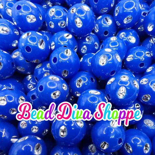 12mm - Set of 50 - BLUE Bling Beads - Bubblegum - Rhinestone -   Acrylic Beads for DIY and Jewelry Making Supplies