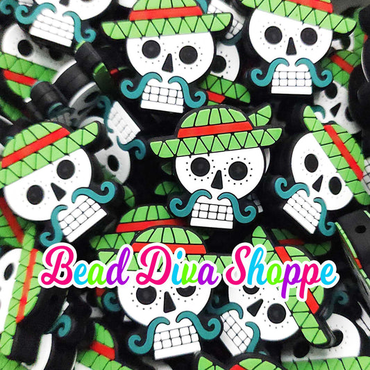 Set of 2 - 30mm x 31mm - SUGAR SKULL W/ MUSTACHE - Focal  Beads - Diy Jewelry Making - Beaded Pens - Keychains - Bracelets