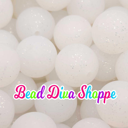 Set of 10 - 15mm - WHITE GLITTER - Solid Silicone Beads - Diy Jewelry Making - Beaded Pens - Keychains - Bracelets