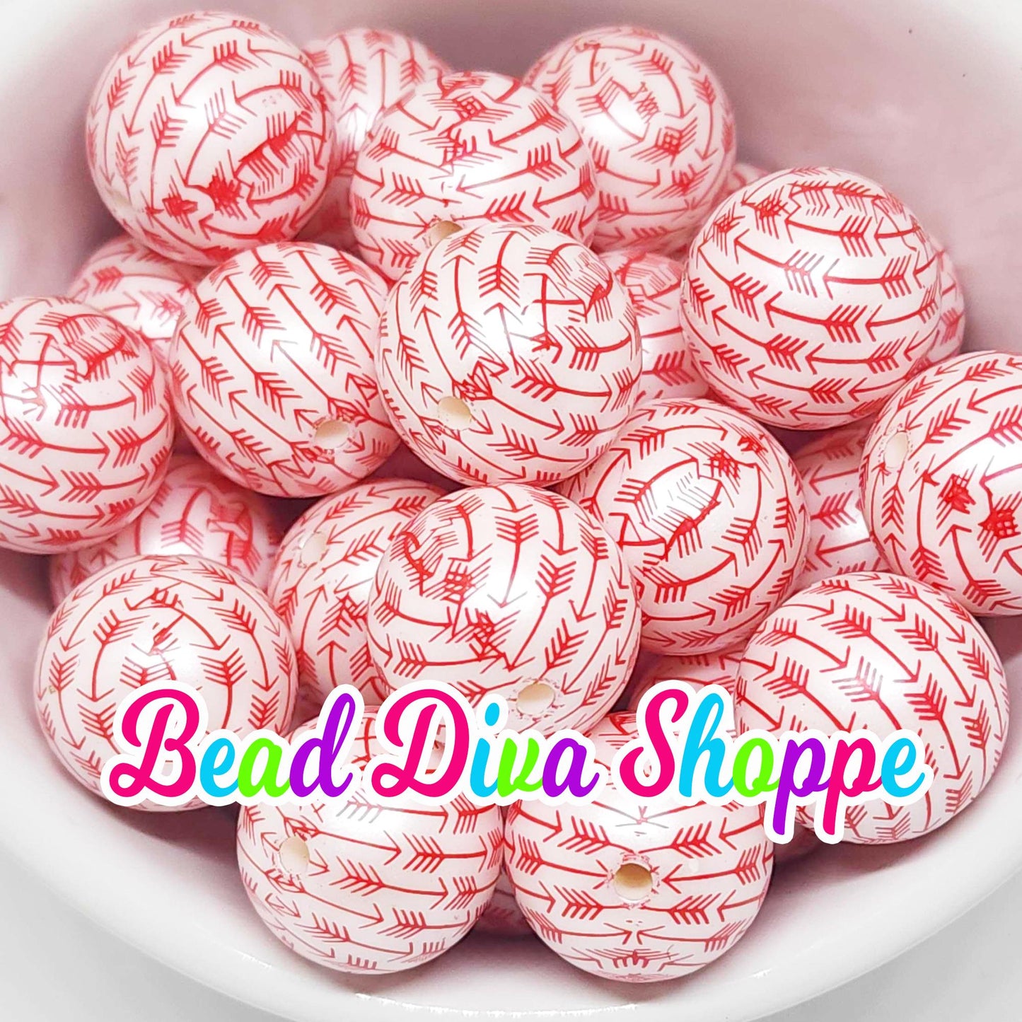 20mm - RED ARROWS Print Beads - Bubblegum - Round Acrylic Beads for Diy and Jewelry Making Supplies