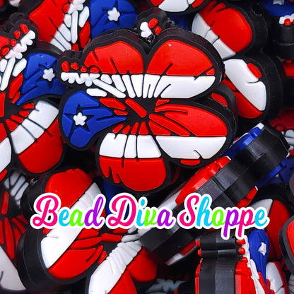 Set of 2 - 27mm x 28mm - PUERTO RICAN FLOWER - Hibiscus - Tropical - Pride - Focal Beads - Diy Jewelry Making - Beaded Pens - Keychains