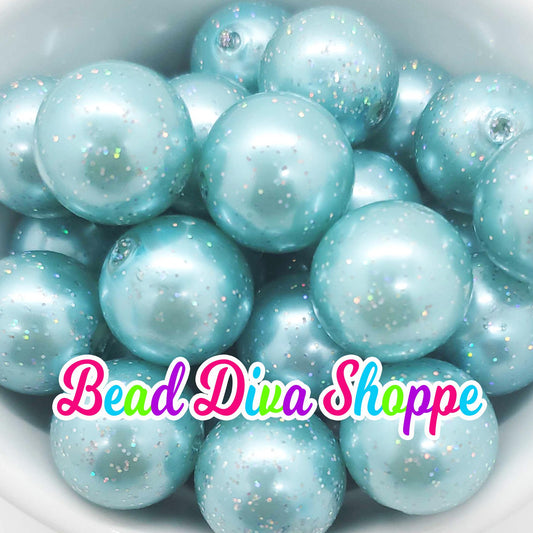 20mm - MEDIUM AQUA -  Pearl Glitter - Bubblegum - Round Acrylic Beads for Diy and Jewelry Making Supplies