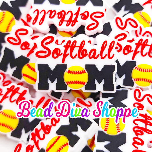 Set of 2 -  40mm X 27mm - SOFTBALL MOM  - Focal  Beads - DIY Jewelry Making - Beaded Pens - Keychains - Bracelets