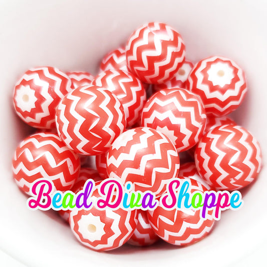 20mm - RED and WHITE Pearl Zig Zag Beads - Bubblegum - Round Acrylic Beads for DIY and Jewelry Making Supplies