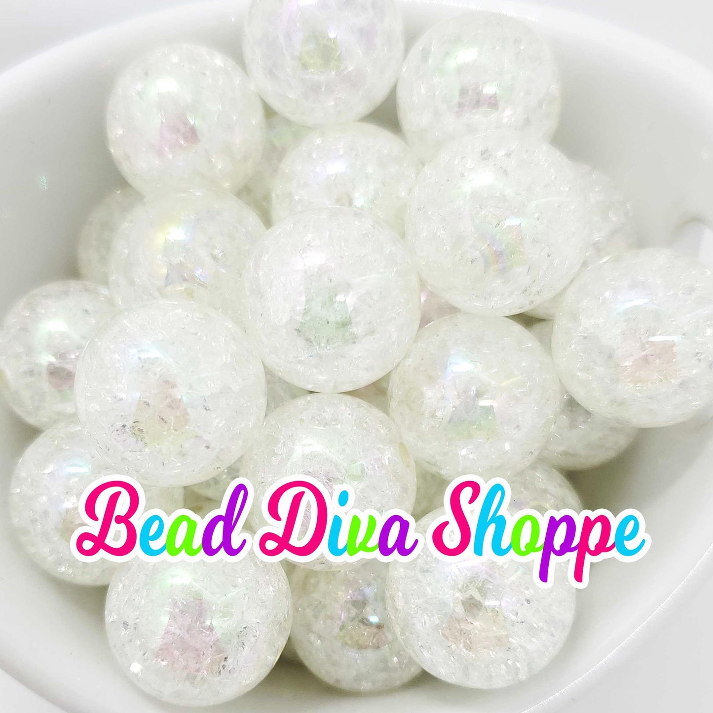 20mm - WHITE - Crackle  AB Beads- Bubblegum - Round Acrylic Beads for Diy and Jewelry Making Supplies