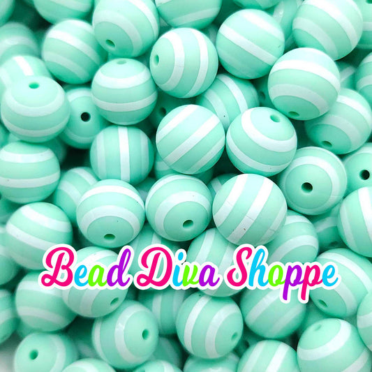 Set of 10 - 15mm - MINT STRIPES - Round Silicone Beads - Diy Jewelry Making - Beaded Pens - Keychains - Bracelets