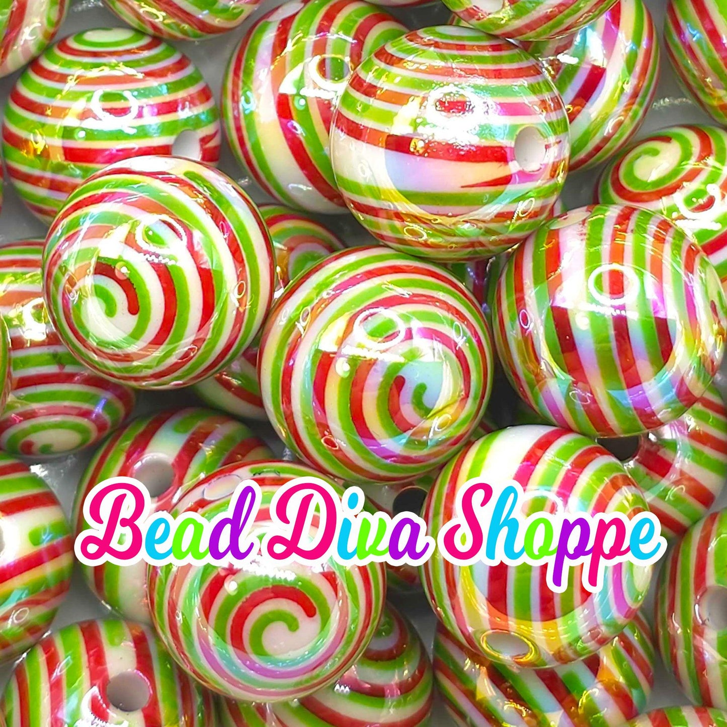 Set of 10 - 16mm - GREEN/RED SWIRLS - Ab Beads- Bubblegum - Chunky - Round Acrylic Beads for Diy and Jewelry Supplies