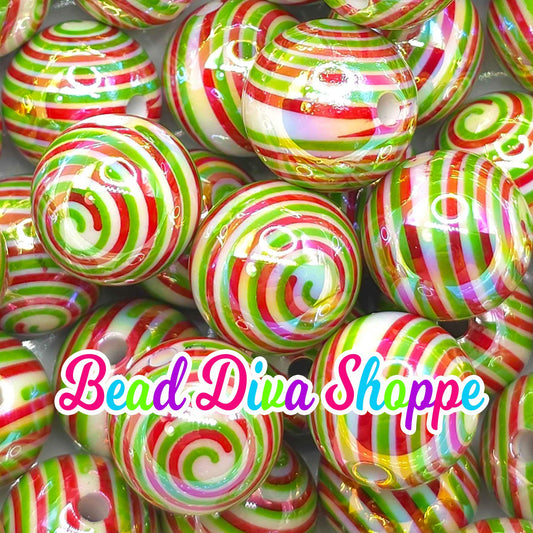 Set of 10 - 16mm - GREEN/RED SWIRLS - Ab Beads- Bubblegum - Chunky - Round Acrylic Beads for Diy and Jewelry Supplies