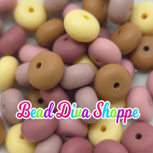 14mm - Set of 10 - Mix of WARM BROWNS / MAUVES - Abacus Rondelle Round Loose Silicone Spacer Beads - Beadable pens - Keychains - Jewelry