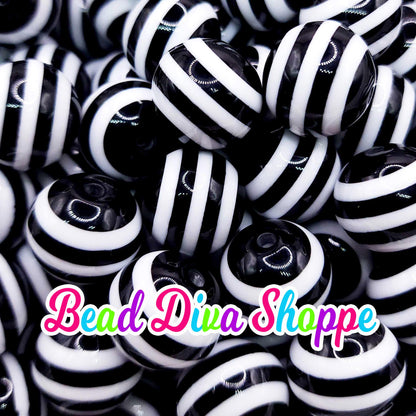 20mm - WHITE / BLACK STRIPES - Bubblegum Beads - Round Acrylic Beads for Diy and Jewelry Making Supplies