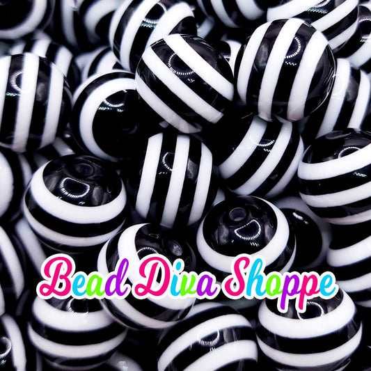 20mm - WHITE / BLACK STRIPES - Bubblegum Beads - Round Acrylic Beads for Diy and Jewelry Making Supplies