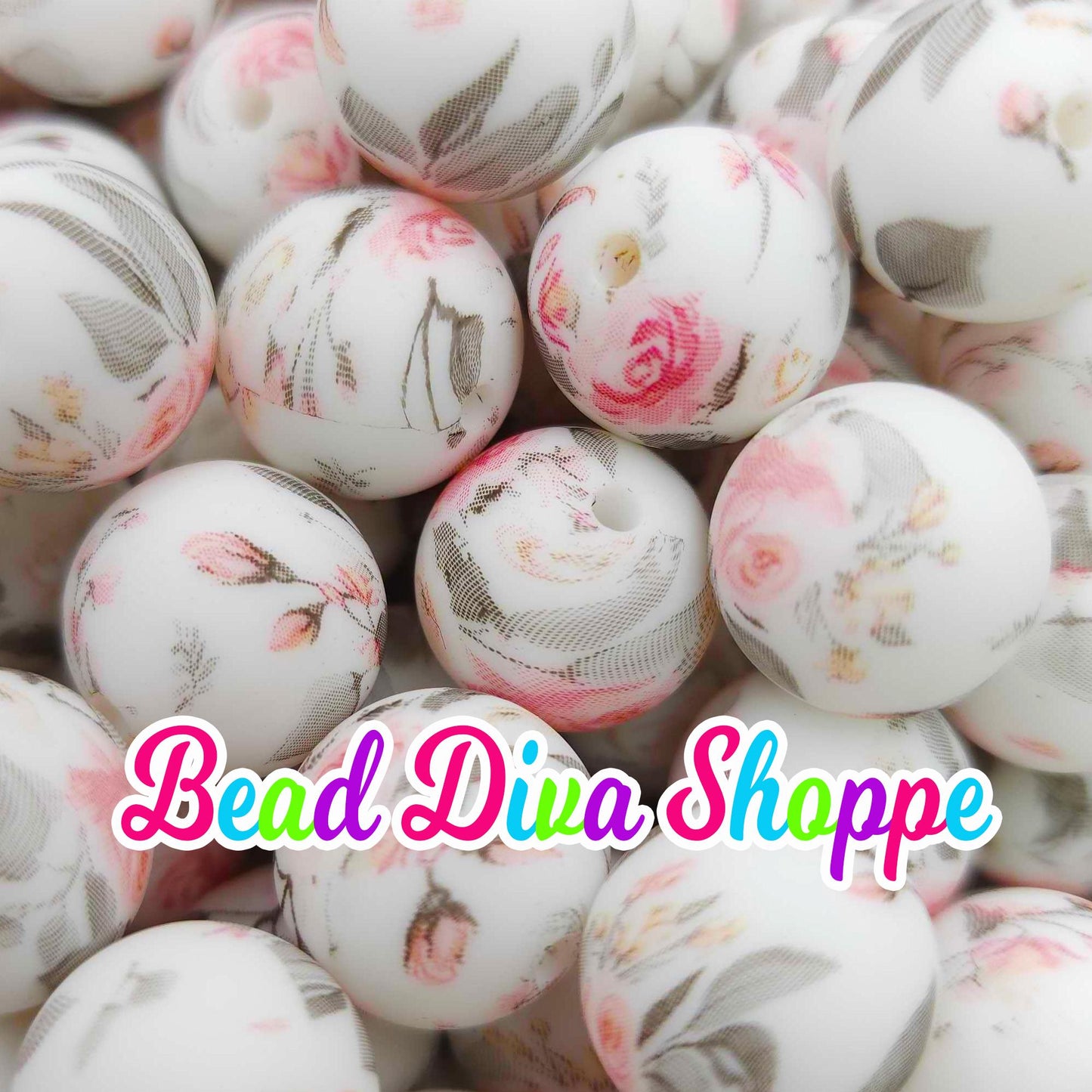 Set of 10 - 15mm - SHABBY PINK ROSES - Round Silicone Beads for Diy and Jewelry Making Supplies - Keychains - Beaded Pens