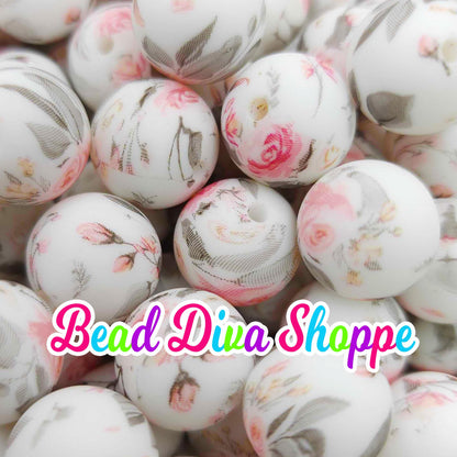 Set of 10 - 15mm - SHABBY PINK ROSES - Round Silicone Beads for Diy and Jewelry Making Supplies - Keychains - Beaded Pens