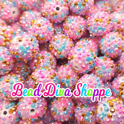 20mm - GOLD / PURPLE / BLUE / Hot Pink Mix -  Rhinestone Beads- Bubblegum - Chunky - Round Acrylic Beads for Diy and Jewelry Making Supplies