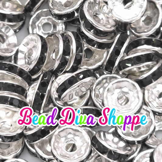 10mm - SET of 50 - BLACK - Rhinestone Rondelle Crystal Round Loose Spacer Beads