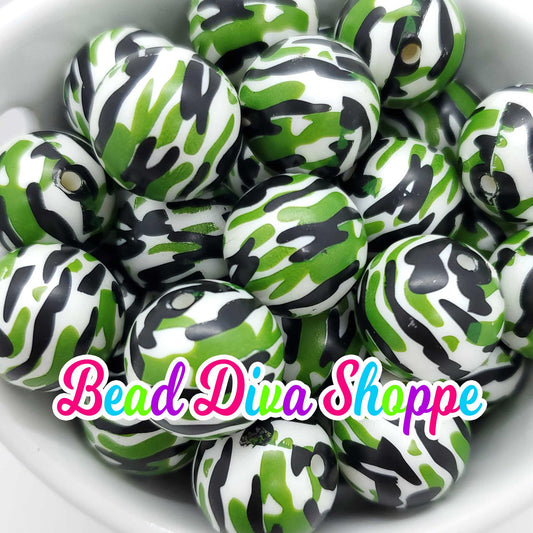 20mm - GREEN / BLACK CAMO Print Beads - Bubblegum - Round Acrylic Beads for Diy and Jewelry Making Supplies