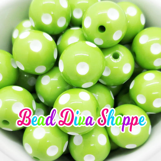 20mm - LIME GREEN - POLKADOT - Beads - Bubblegum - Round Acrylic Beads for Diy and Jewelry Making Supplies