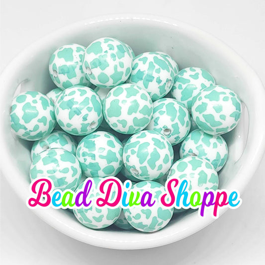 20mm - MINT / WHITE COW Print Beads - Bubblegum - Round Acrylic Beads for Diy and Jewelry Making Supplies