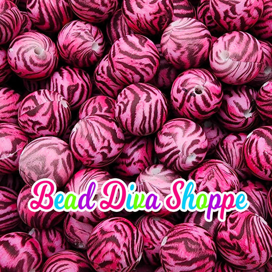 Set of 10 - 15mm - Pink / Black - TIGER STRIPES - Round Silicone Beads - Diy Jewelry Making - Beaded Pens - Keychains - Bracelets