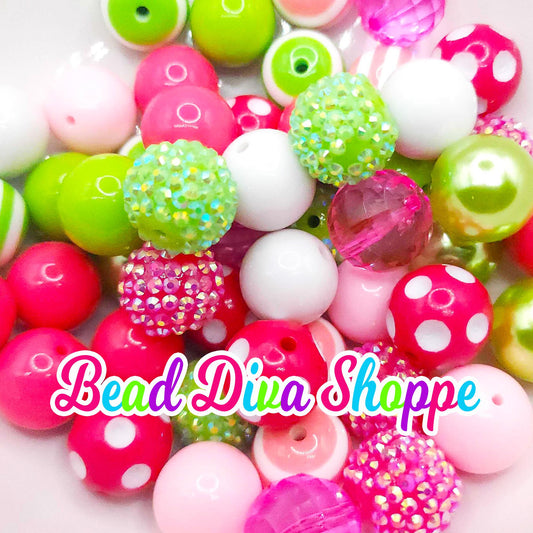 Set of 24 - 20mm - Hot Pink / PINK / LIME / WHITE - Bead Mix - Bubblegum - Round Acrylic Beads for Diy and Jewelry Making Supplies