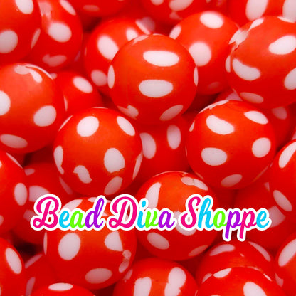 Set of 10 - 15mm - RED/WHITE DOTS - Round Silicone Beads for Diy and Jewelry Making Supplies - Keychains - Beaded Pens