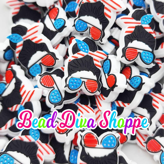 Set of 2 -  22mm x 30mm - MESSY MOM BUN - 4th of July  - Focal  Beads - Diy Jewelry Making - Beaded Pens - Keychains - Bracelets