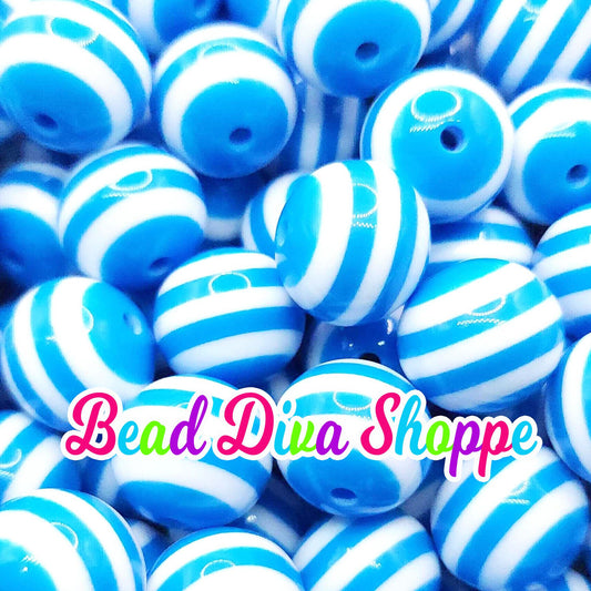 Set of 10 - 16mm - AQUA / WHITE STRIPES - Bubblegum Beads - Round Acrylic Beads for Diy and Jewelry Making Supplies
