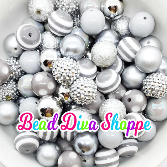 Set of 24 - 20mm - SILVER Mix - Bead Lot -  Bead Mix - Bubblegum - Round Acrylic Beads for DIY and Jewelry Making Supplies