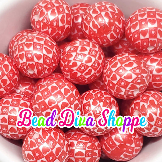 20mm - RED HEART Checkered Print Beads - Bubblegum - Round Acrylic Beads for Diy and Jewelry Making Supplies