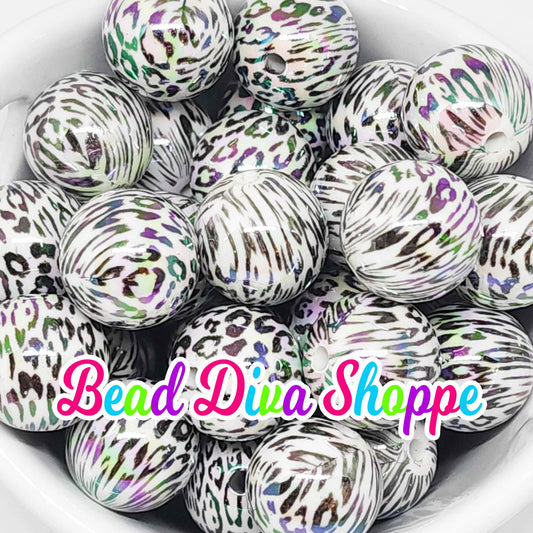 20mm - BLACK / WHITE CHEETAH Ab Printed Beads - Bubblegum - Round Acrylic Beads for Diy and Jewelry Making Supplies