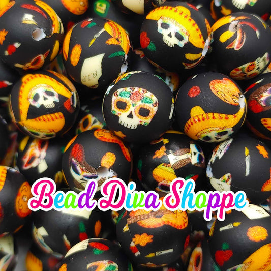 Set of 10 - 15mm - DAY of the DEAD - Round Silicone Beads for Diy and Jewelry Making Supplies - Keychains - Beaded Pens