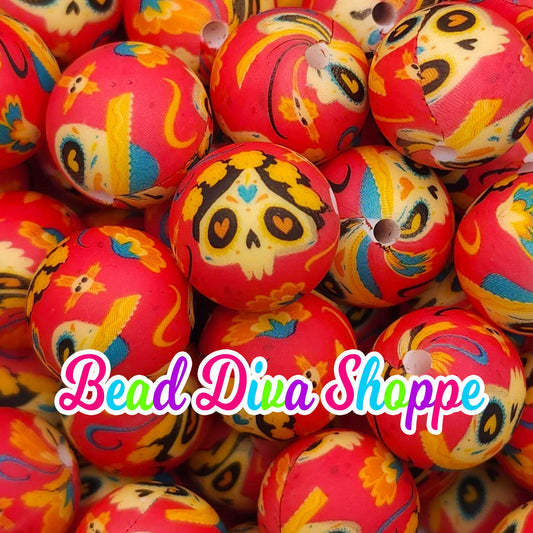Set of 10 - 15mm - RED DAY of the DEAD - Sugar Skulls - Round Silicone Beads for Diy and Jewelry Making Supplies - Keychains - Beaded Pens