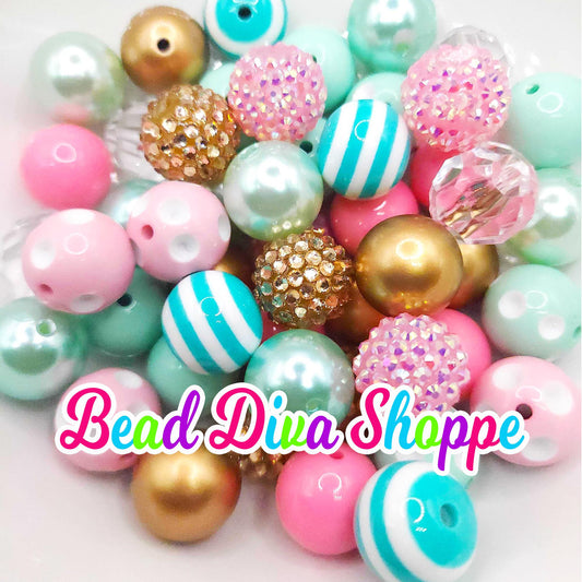 Set of 24 - 20mm - PINK / AQUA / MINT / Gold - Bead Mix - Bubblegum - Round Acrylic Beads for Diy and Jewelry Making Supplies