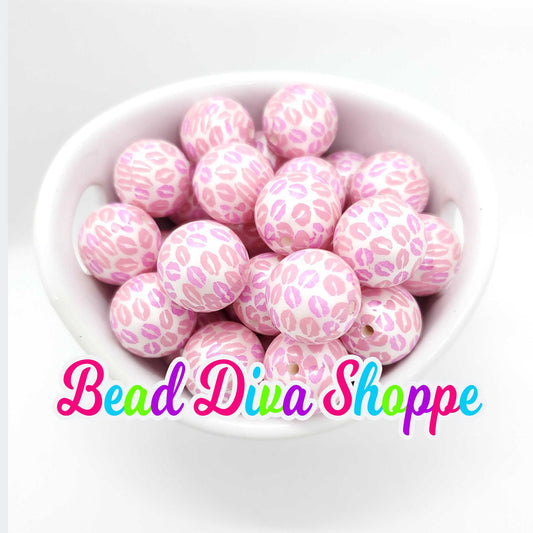 20mm - PINK KISSES Print Beads - Bubblegum - Round Acrylic Beads for Diy and Jewelry Making Supplies