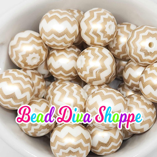 20mm - GOLD and WHITE Pearl Cheveron Beads - Bubblegum - Round Acrylic Beads for DIY and Jewelry Making Supplies