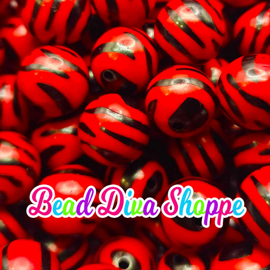 20mm - BLACK / RED ZEBRA Print Beads - Bubblegum - Round Acrylic Beads for Diy and Jewelry Making Supplies