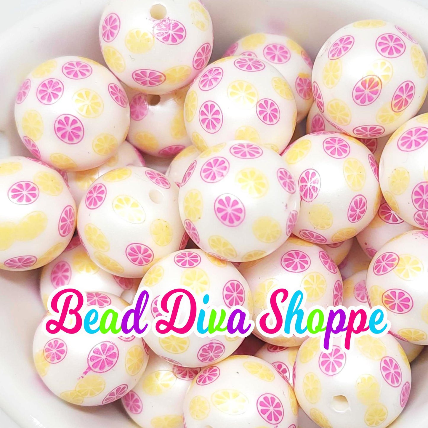 20mm - HOT PINK / YELLOW Citrus Slices Print Beads - Bubblegum - Round Acrylic Beads for Diy and Jewelry Making Supplies