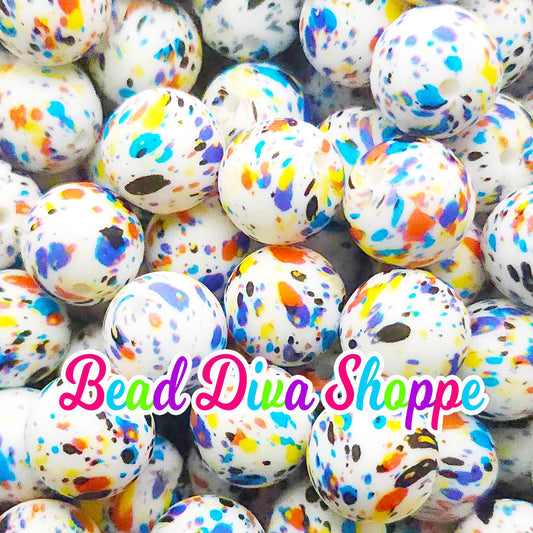 Set of 10 - 15mm - COLORFUL SPLATTER PAINT - Round Silicone Beads - Diy Jewelry Making - Beaded Pens - Keychains - Bracelets