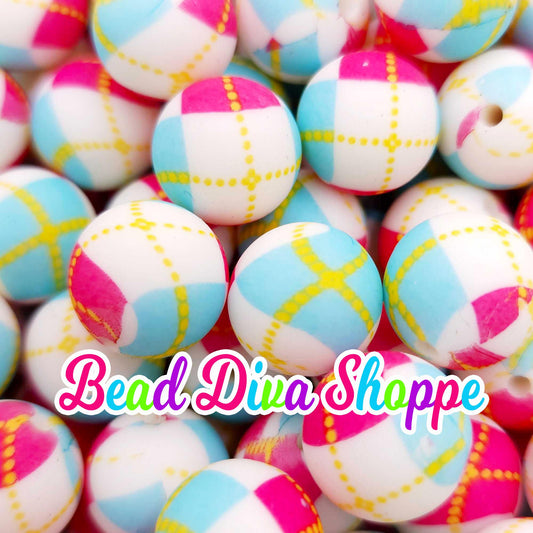 Set of 10 - 15mm - PINK ARGYLE - Round Silicone Beads for Diy and Jewelry Making Supplies - Keychains - Beaded Pens