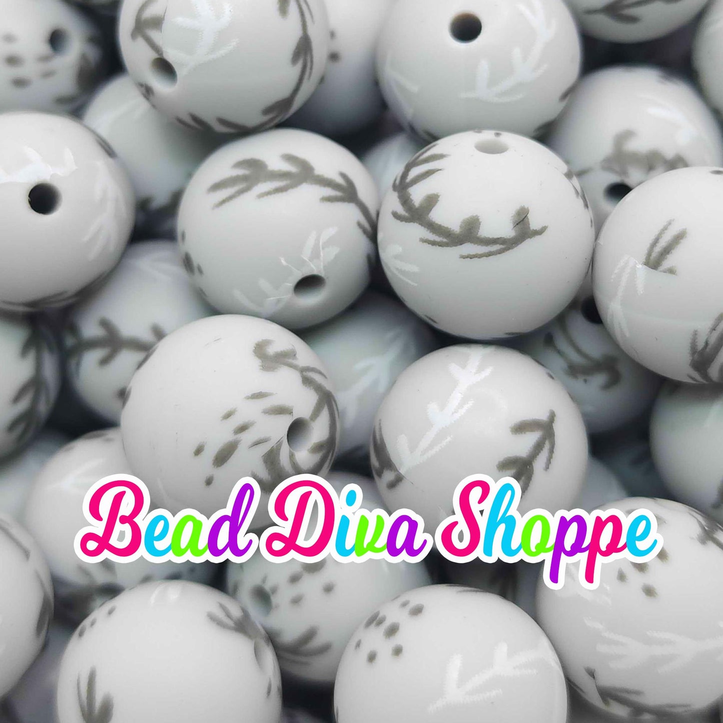 Set of 10 - 15mm - GRAY - BRANCHES - Round Silicone Beads for Diy and Jewelry Making Supplies - Keychains - Beaded Pens