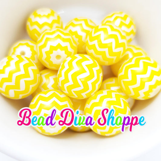20mm - YELLOW and WHITE Pearl Zig Zag Beads - Bubblegum - Round Acrylic Beads for Diy and Jewelry Making Supplies