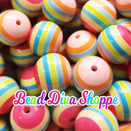 20mm -PASTEL STRIPES - Bubblegum Beads - Round Acrylic Beads for Diy and Jewelry Making Supplies
