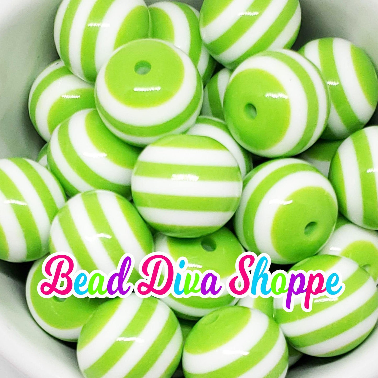 20mm - LIME / WHITE STRIPES - Bubblegum Beads - Round Acrylic Beads for Diy and Jewelry Making Supplies
