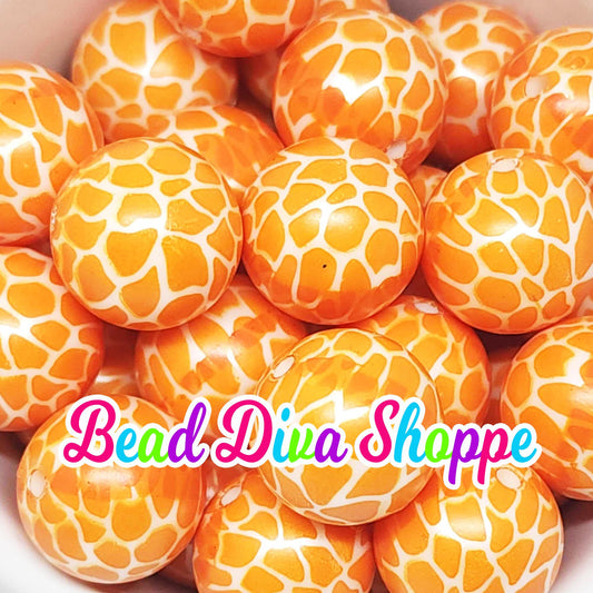 20mm - WHITE / ORANGE GIRAFFE Print Beads - Bubblegum - Round Acrylic Beads for Diy and Jewelry Making Supplies