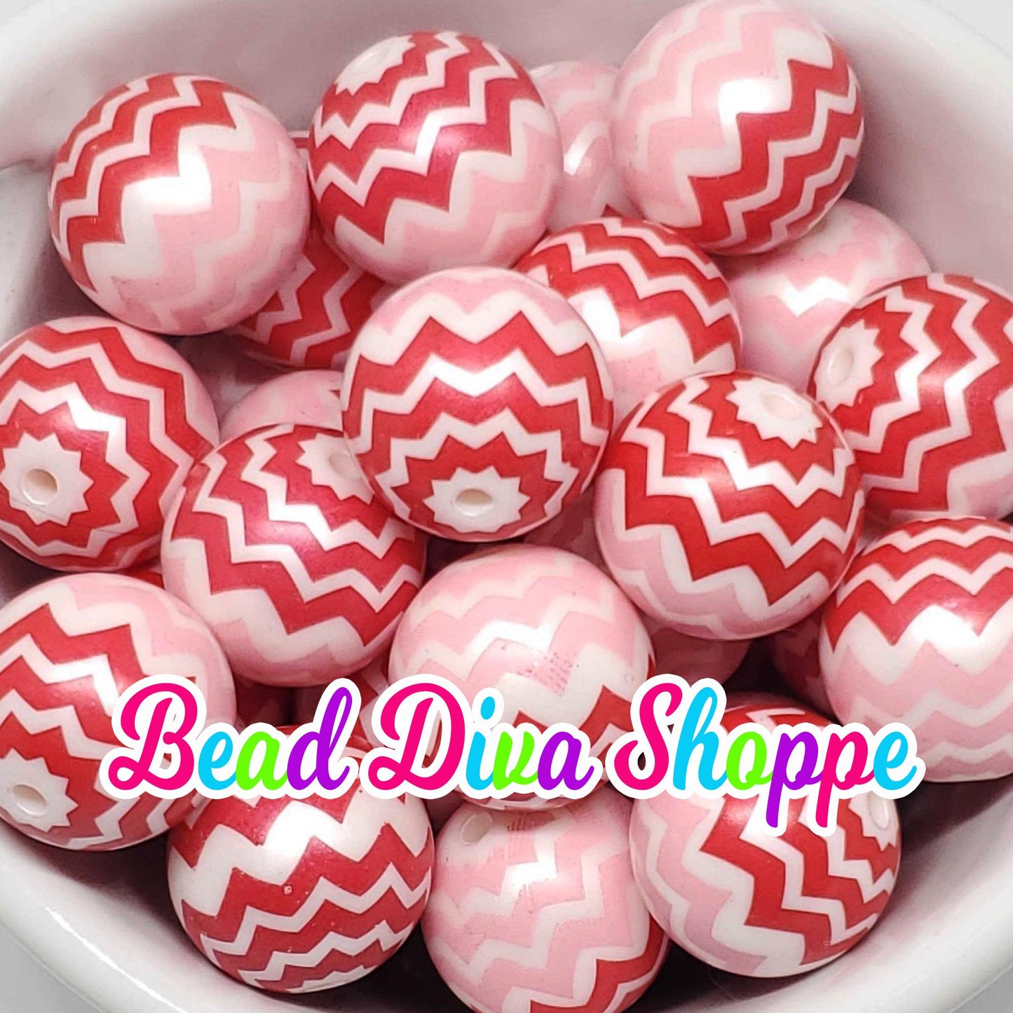 20mm - RED / PINK / WHITE Zig Zag Print Beads - Bubblegum - Round Acrylic Beads for Diy and Jewelry Making Supplies